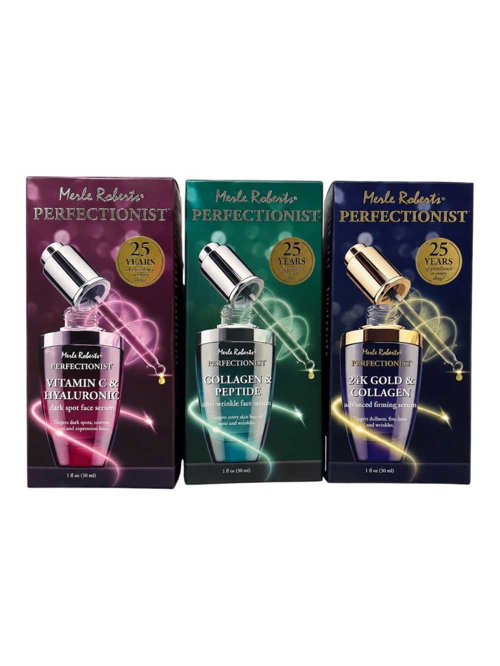 Merle Roberts Perfectionist Skincare Serum Set Vitamin C Collagen 24K Gold NIB